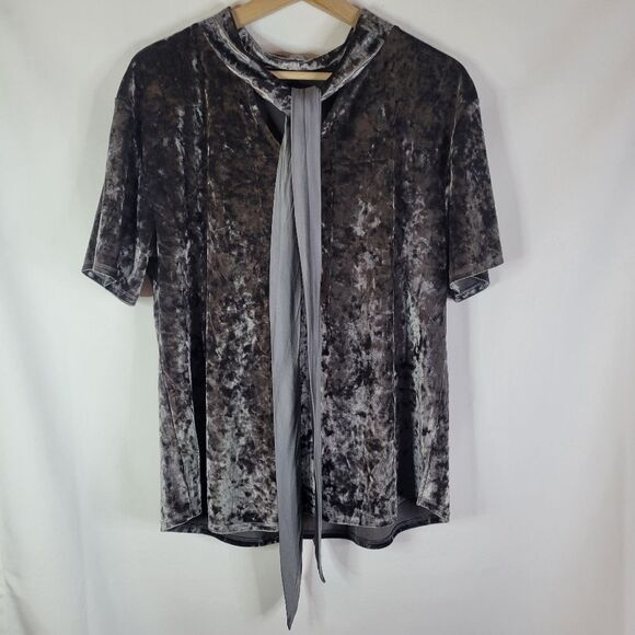 Beautifully Soft Silver Grey Velvet Top with Collar Bow Detail - Picture 2 of 10